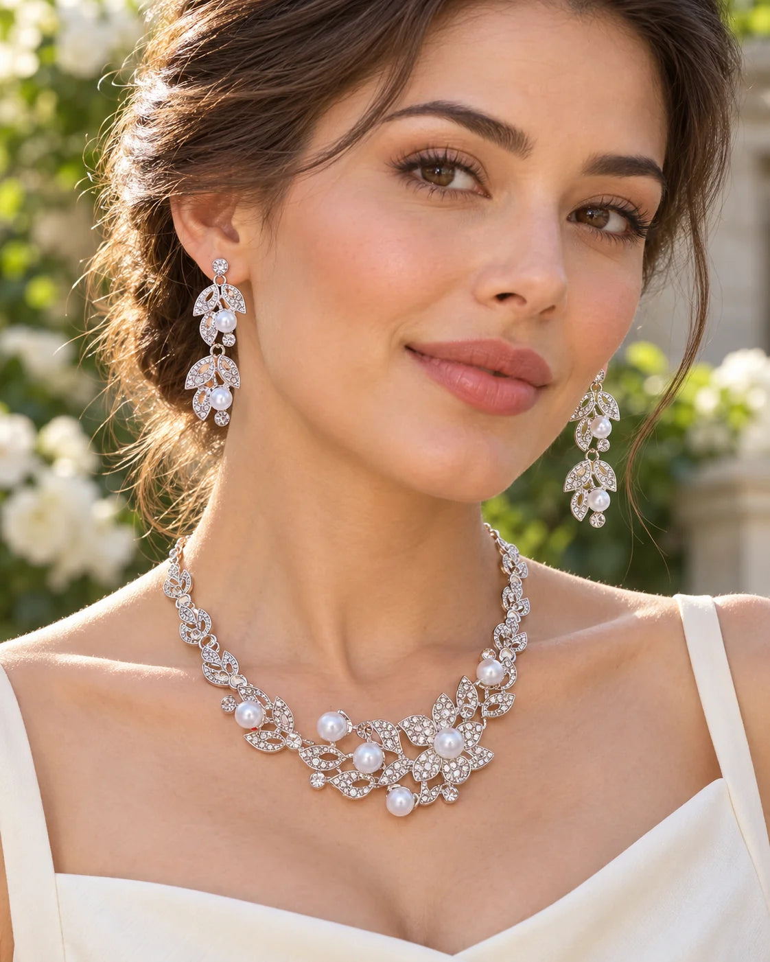 Bride-style portrait in a garden wearing the Ivy silver leaf and pearl necklace and earrings