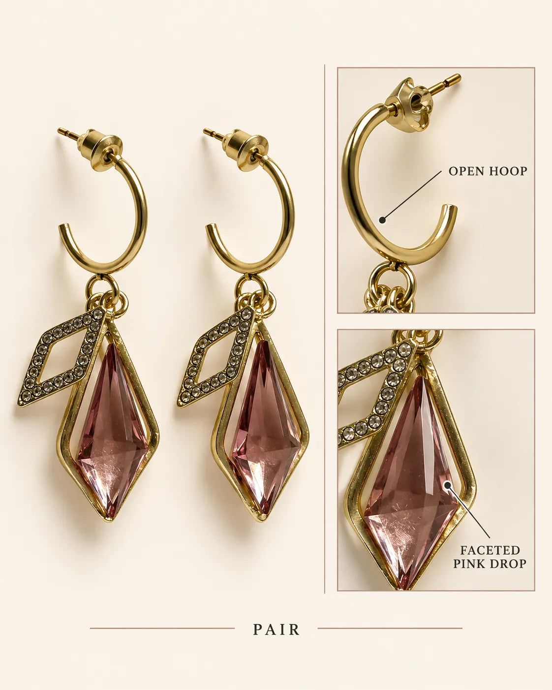 Annotated detail graphic of the open hoop and faceted pink drop
