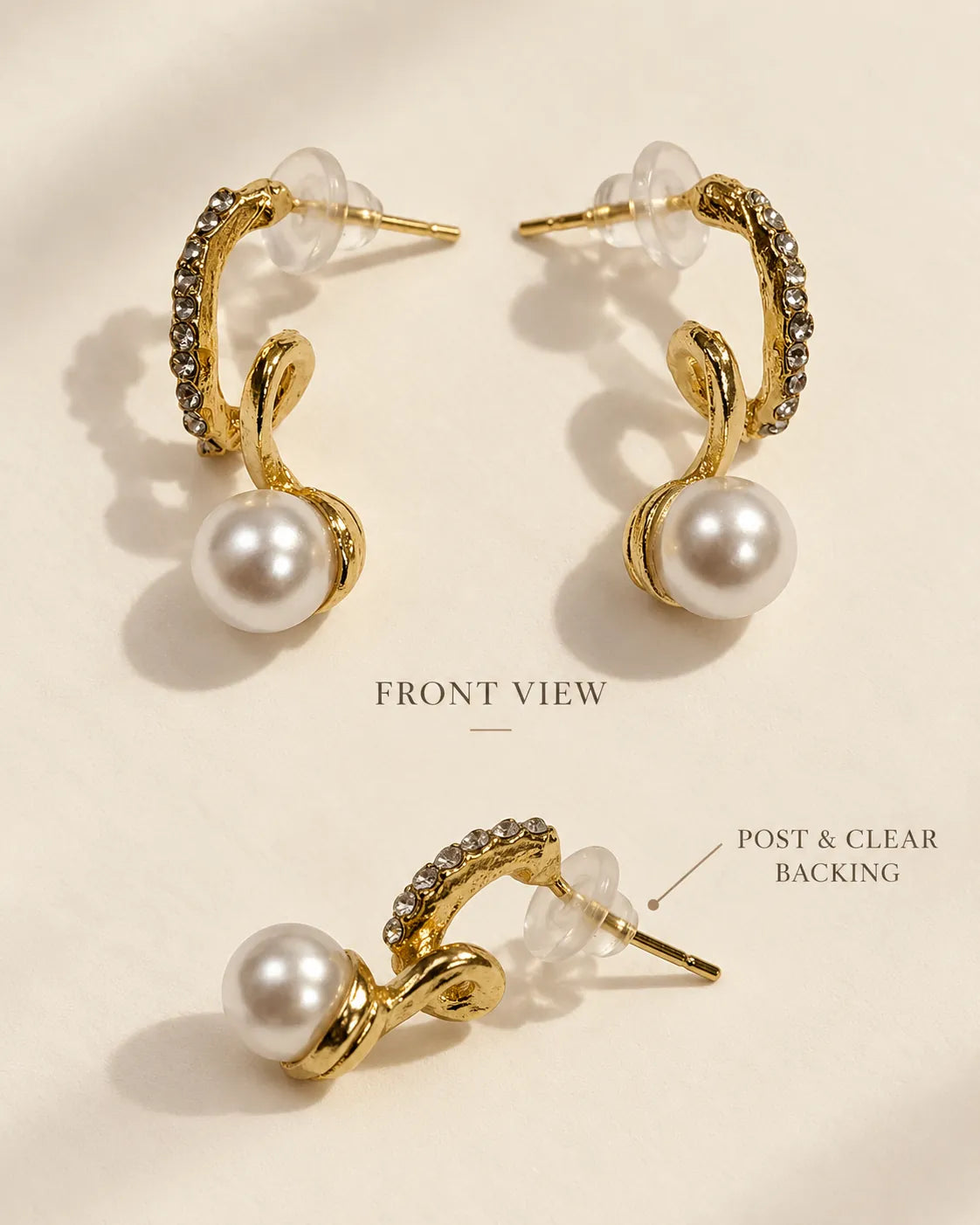 Annotated front view of the gold twisted pearl-look studs with post and clear backing