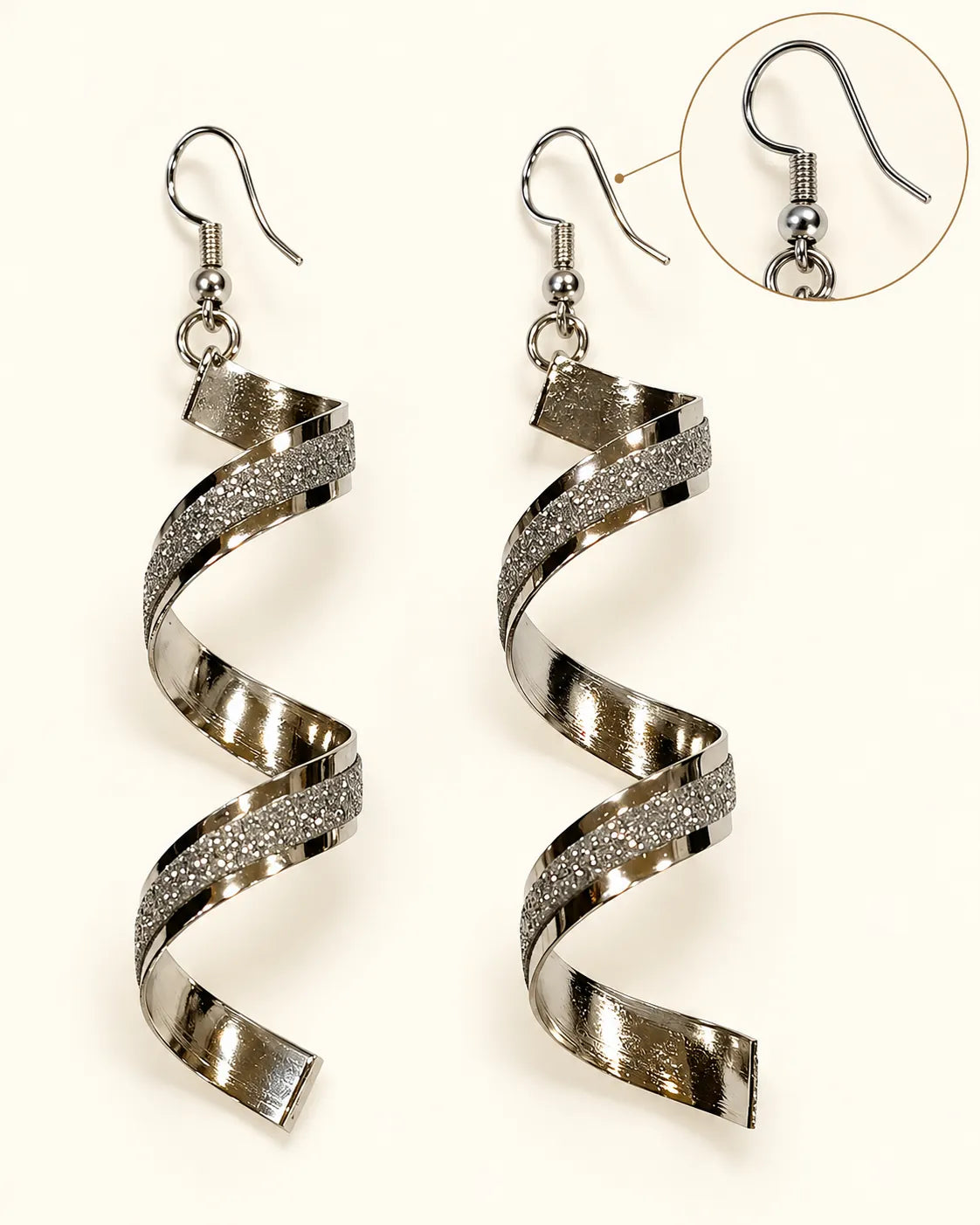 Detail graphic of the silver spiral earrings with a fish-hook ear wire close-up