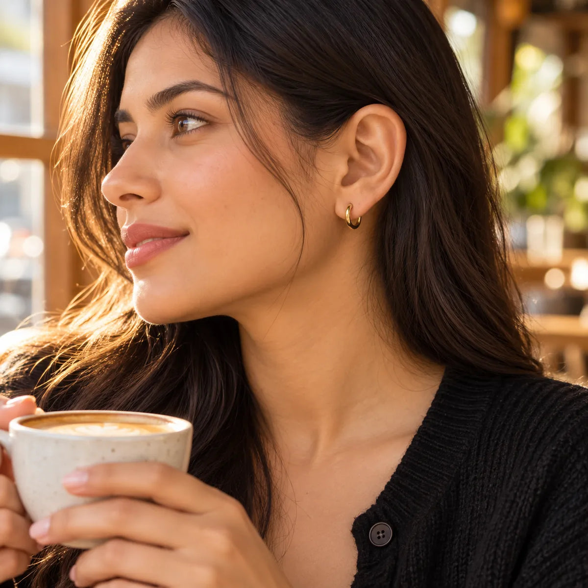 Model holding a coffee cup wearing small gold huggie hoop earrings