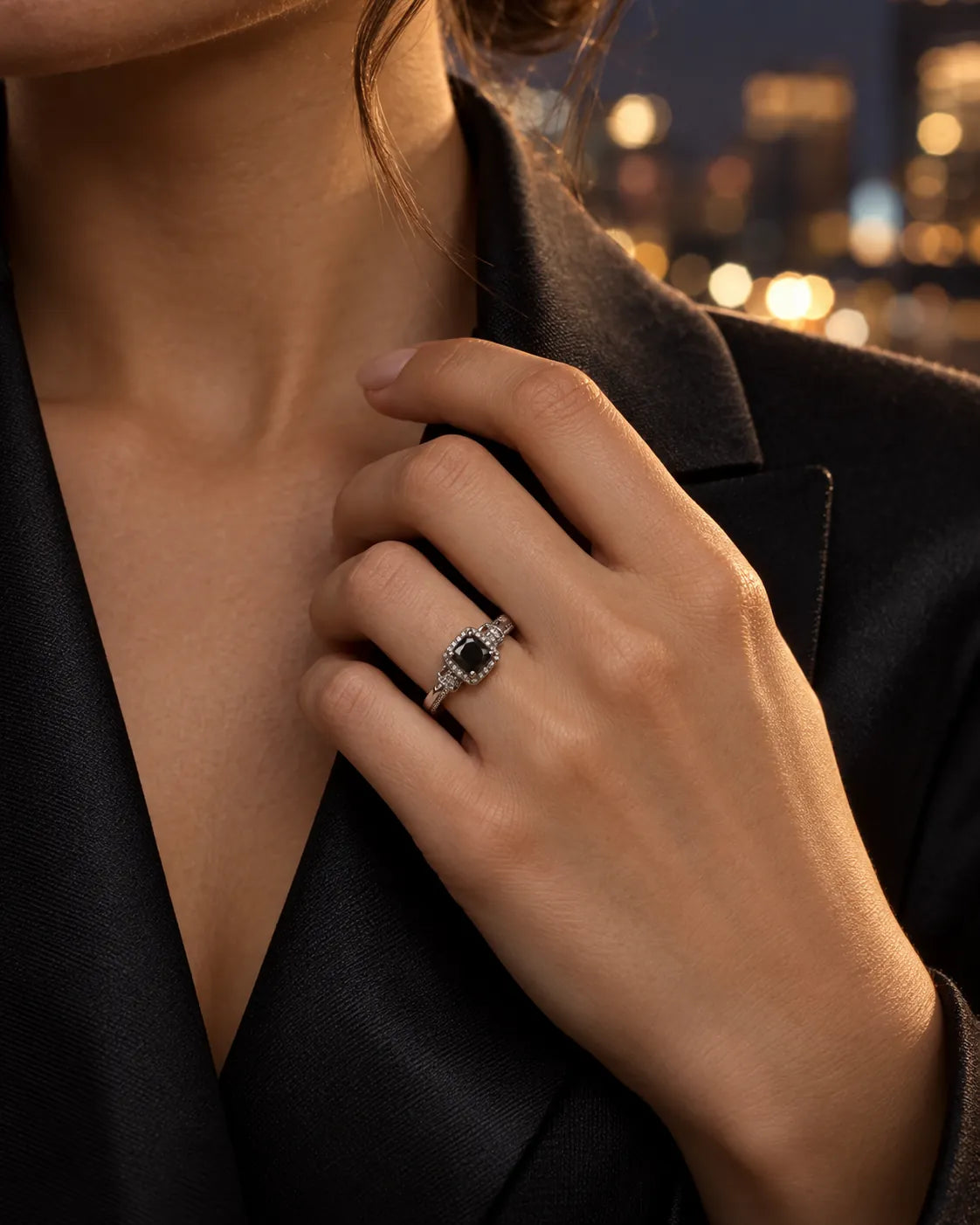 Hand against a black jacket wearing the silver black stone halo ring
