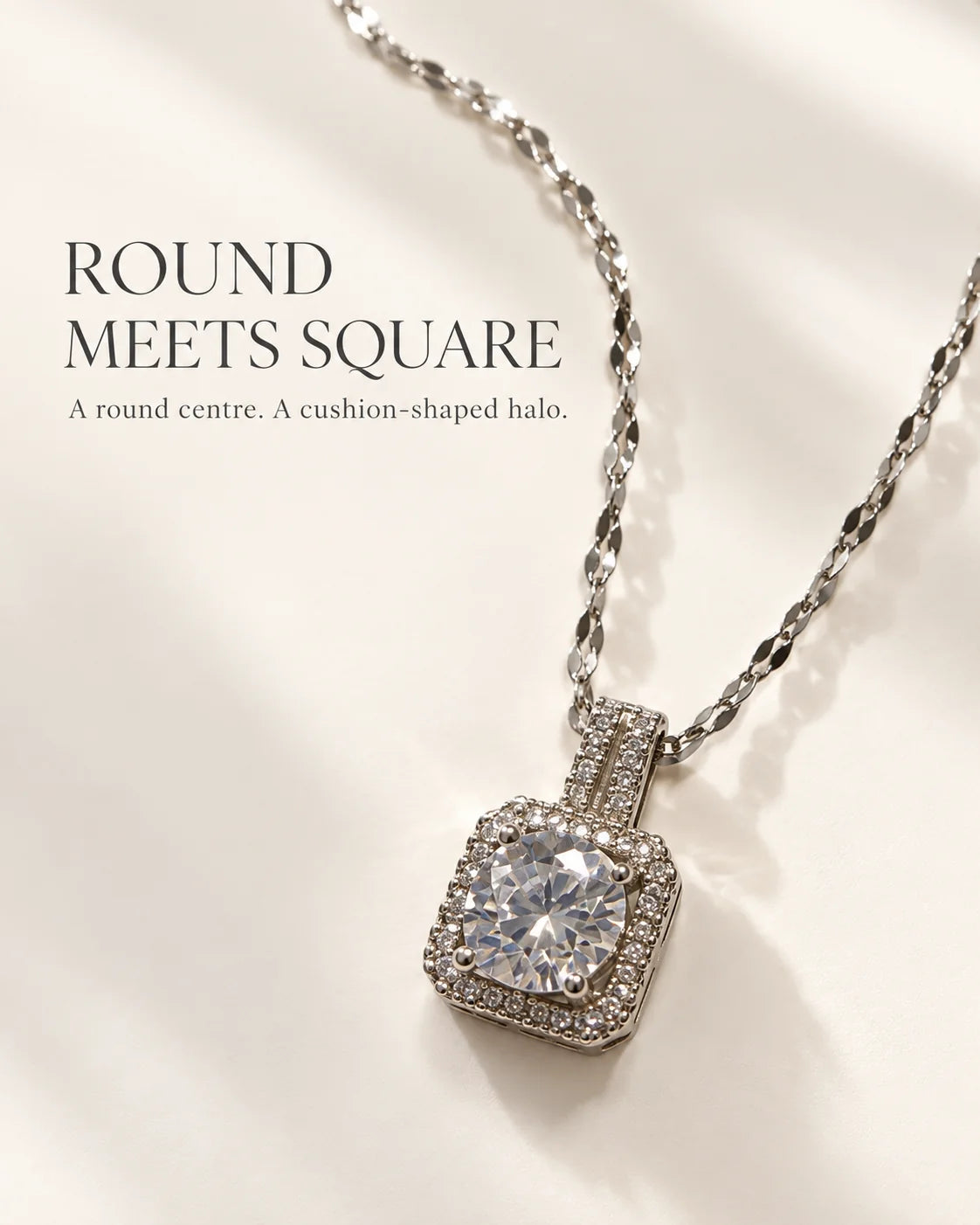 Round meets square: Celeste silver cushion halo pendant necklace feature card