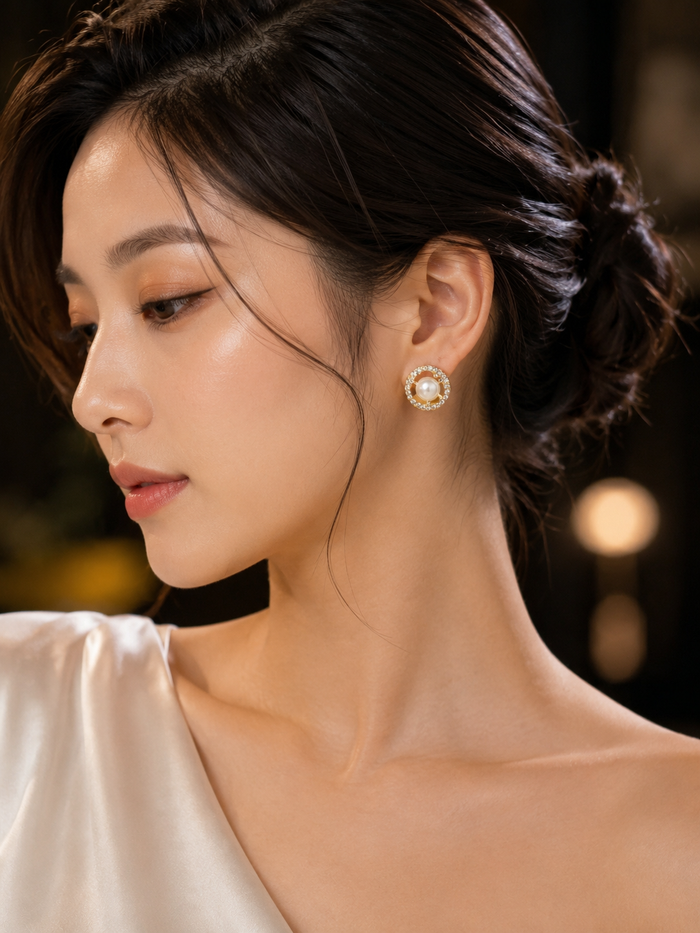 A close-up of a woman wearing a round gold-toned stud earring with a white pearl-like center and small clear stones, shown against a softly blurred dark background.