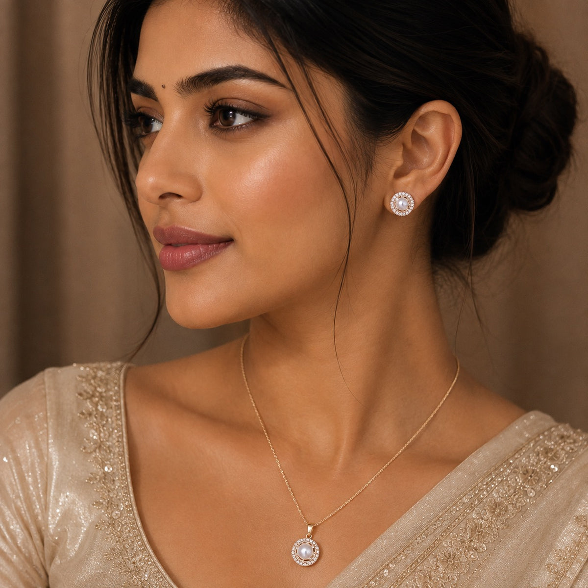Pearl Zirconia Necklace Earrings Set