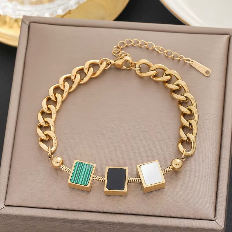 18k Gold Plated Thick Chain Green White Black Rectangle Pendant Bracelet