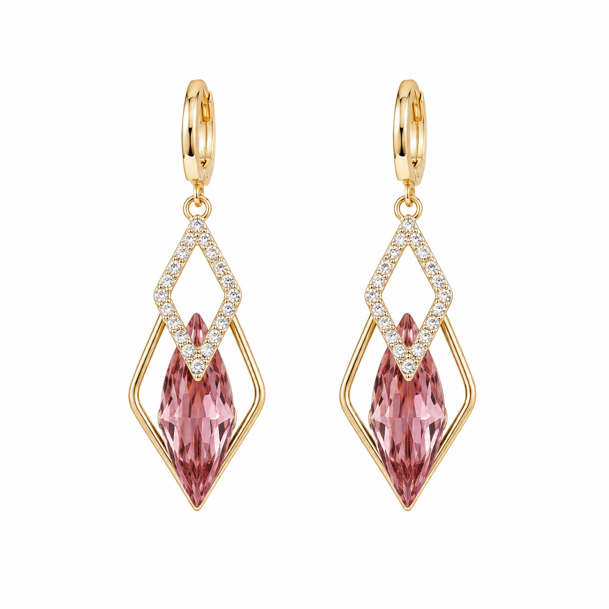 A pair of gold drop earrings featuring marquise-cut pink crystals and diamond-cut crystal accents, set in a gold frame with leverback hooks, shown on a plain white background.