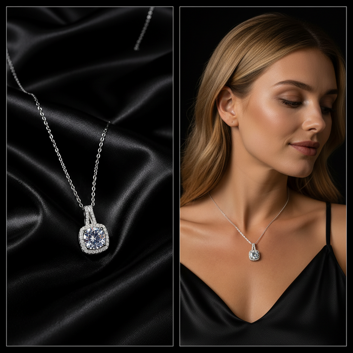 A silver pendant necklace with a cushion-cut clear gemstone and halo setting, shown draped on black satin next to a model wearing it on her neck.