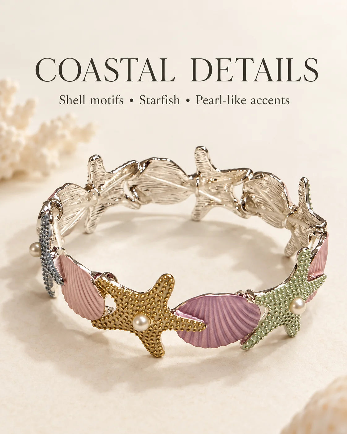 Coastal details: shell motifs, starfish and pearl-like accents on the Marina bracelet