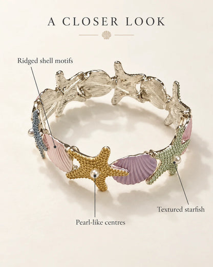 Detail callouts of the starfish bracelet: ridged shell motifs, textured starfish and pearl-like centres