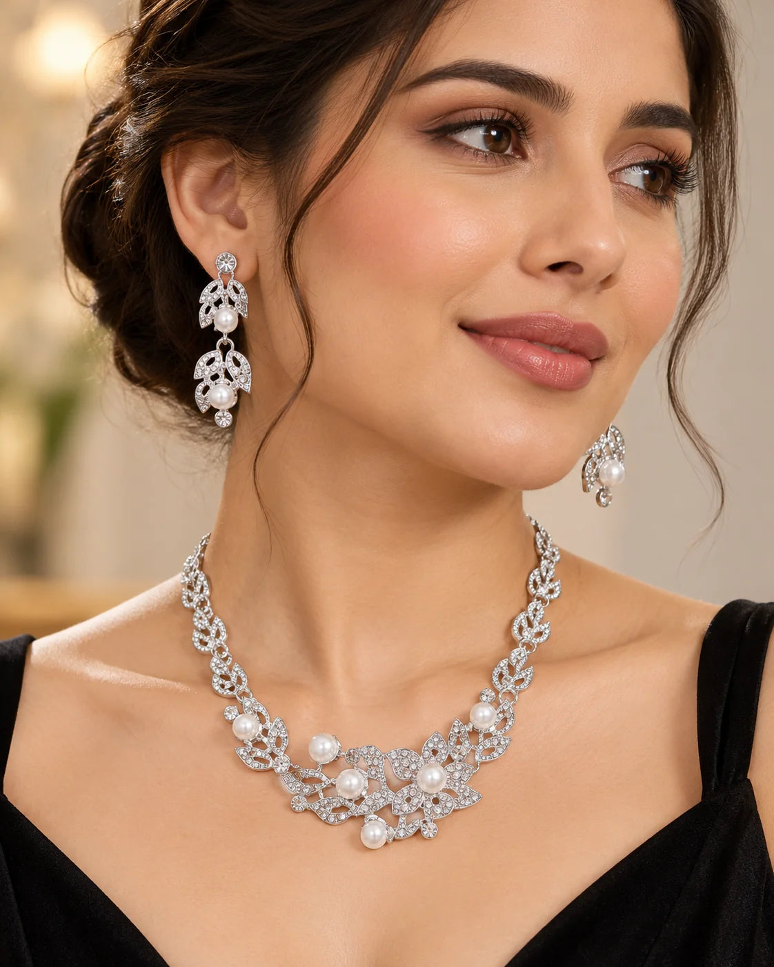Woman in a black evening dress wearing the silver leaf and pearl bridal jewellery set