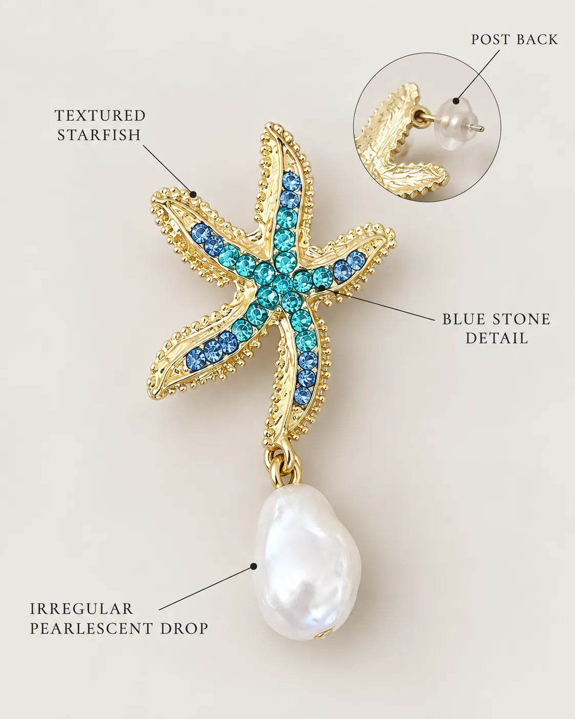 Annotated detail graphic of the starfish earring with blue stones and pearl-look drop