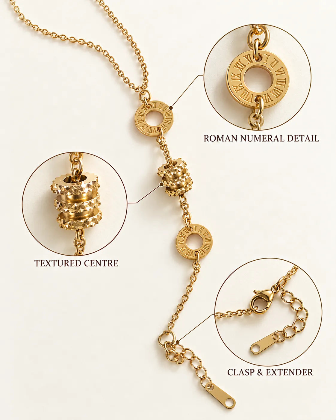 Annotated graphic of the gold bracelet's numeral detail, textured centre and clasp