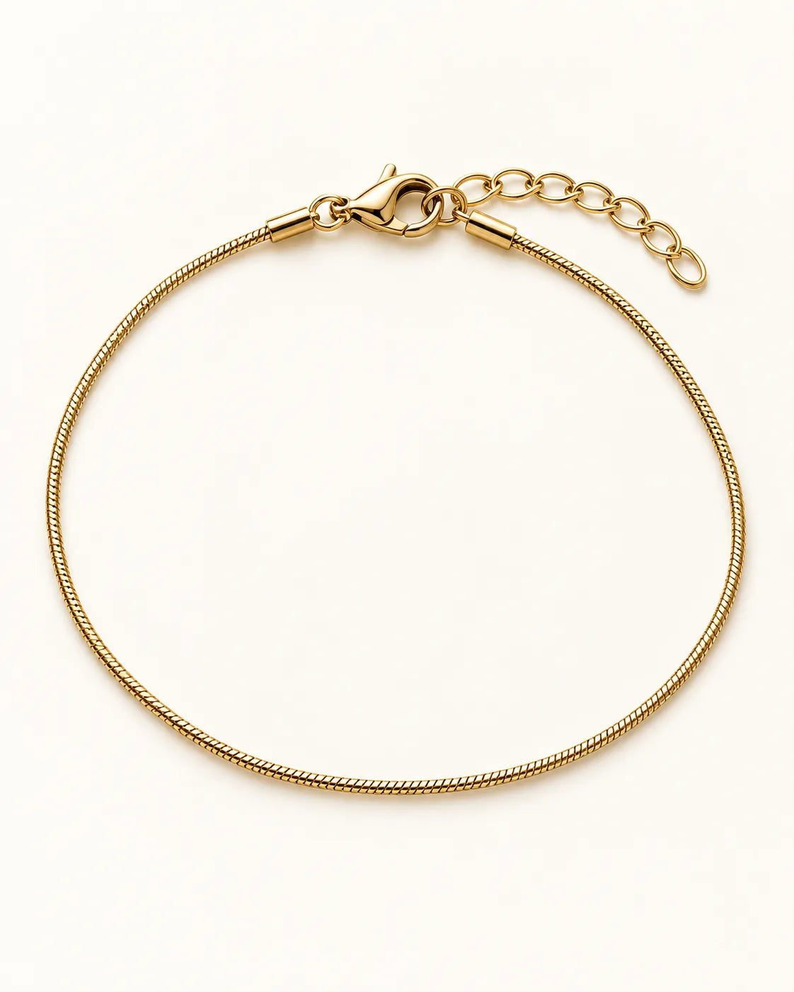 Thin round gold snake chain bracelet in a circle on a cream background