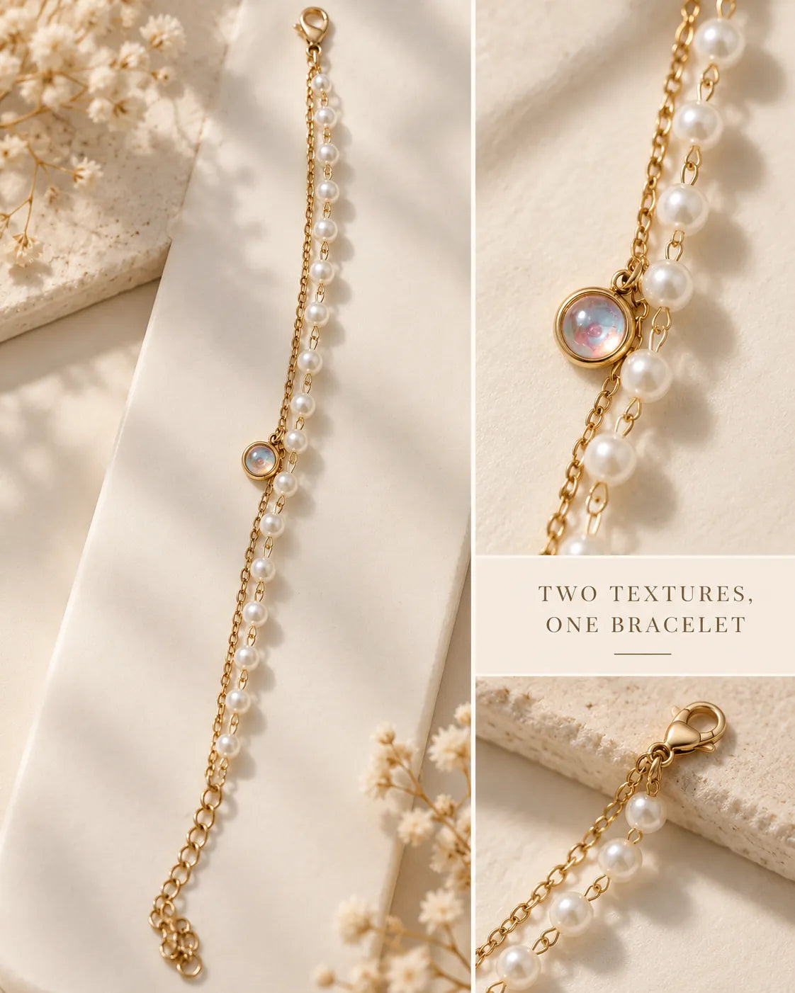 Two textures, one bracelet graphic of the chain and pearl-look strands