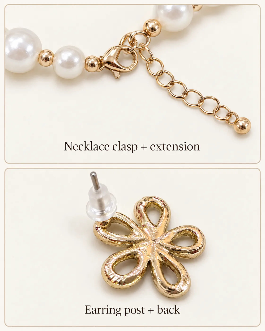 Detail graphic of the necklace clasp and extension and the flower earring post