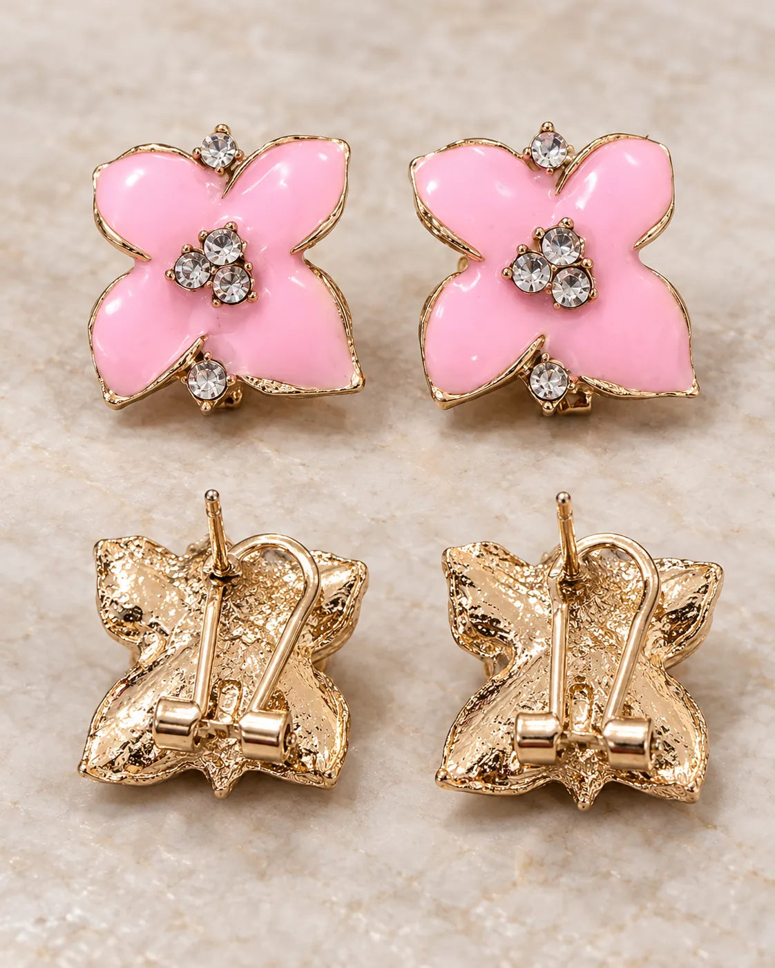 Fronts and gold-tone backs of the pink camellia studs