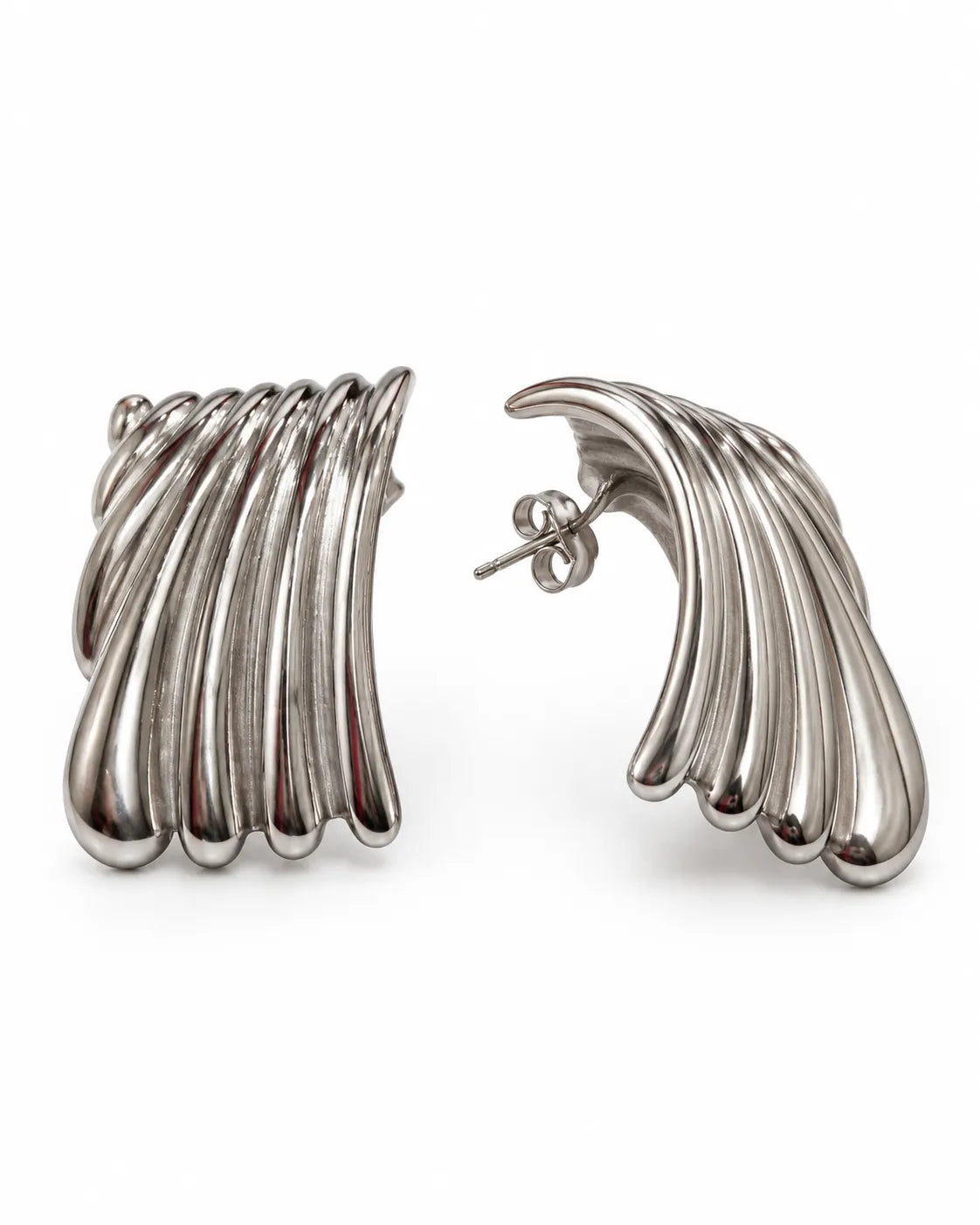 Silver ribbed studs on white showing the front and side profile with post