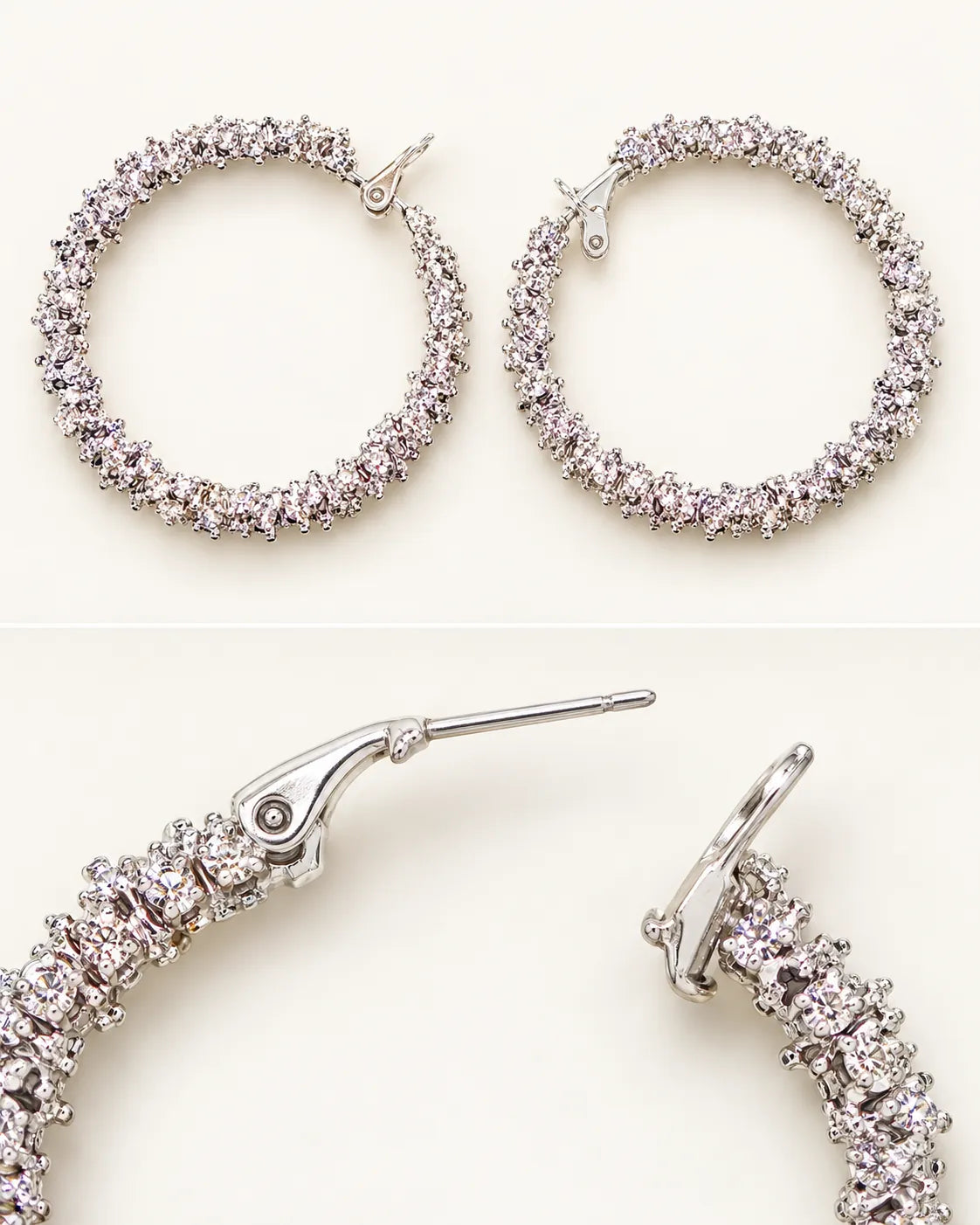 Two-panel view of the silver crystal hoops and their post fitting