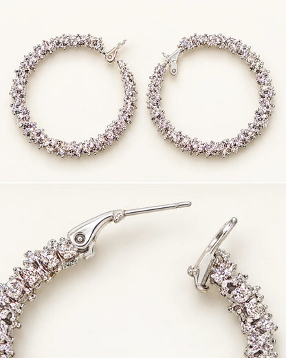Two-panel view of the silver crystal hoops and their post fitting