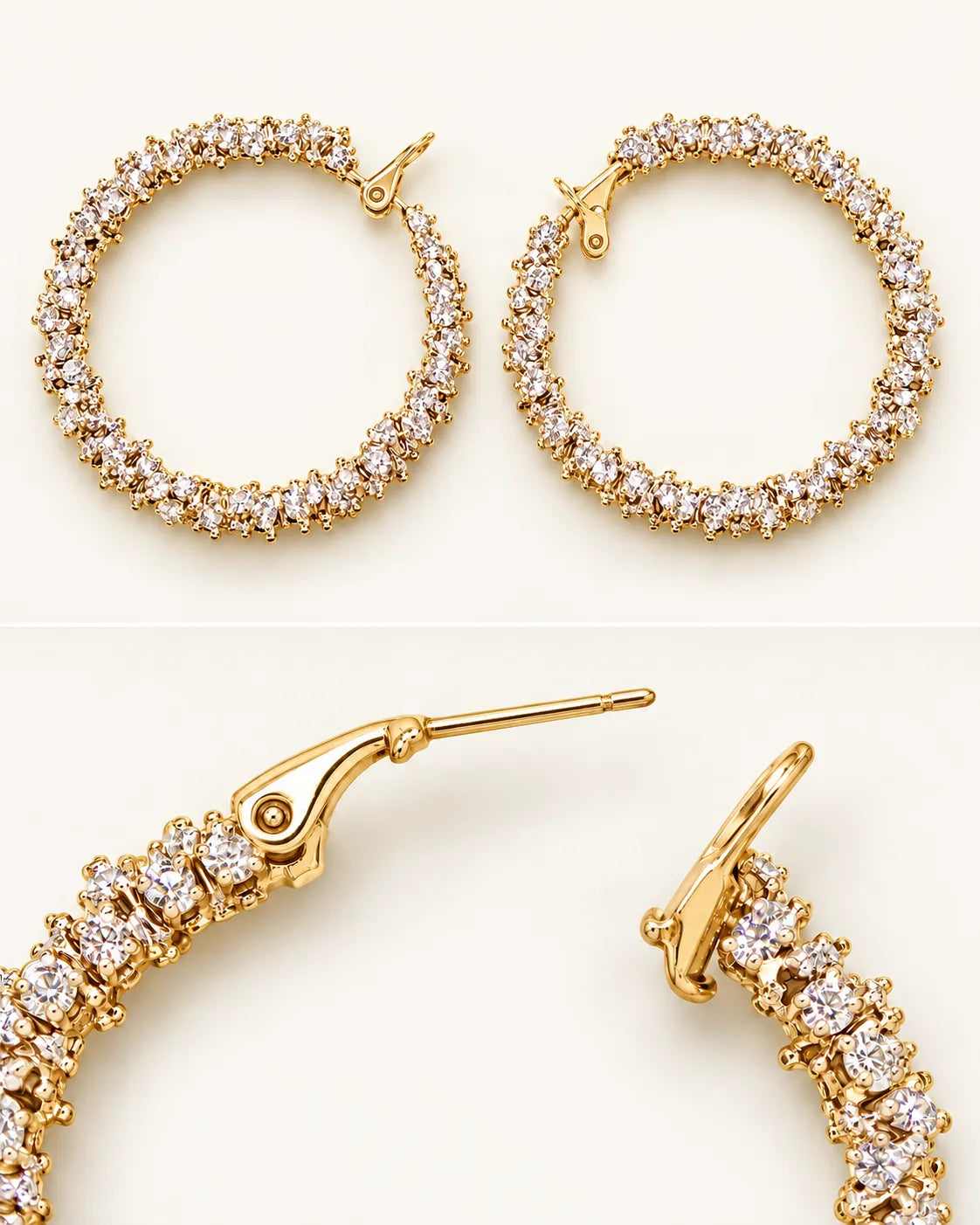 Two-panel view of the gold crystal hoops and their post fitting