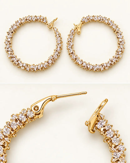 Two-panel view of the gold crystal hoops and their post fitting
