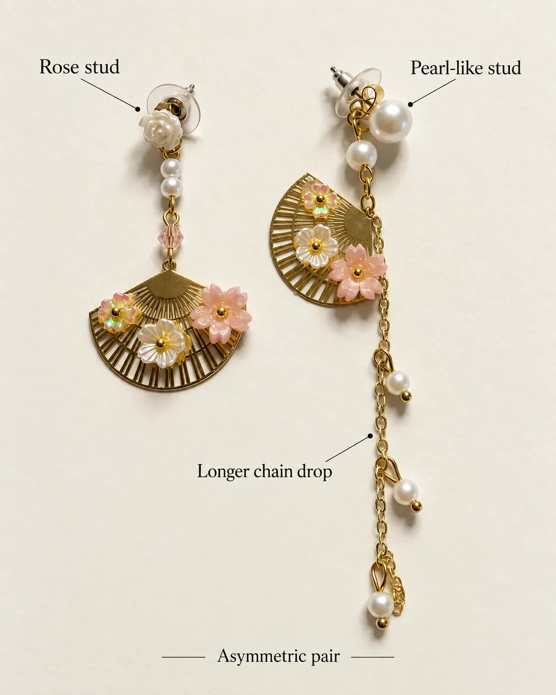 Annotated graphic of the asymmetric pair showing the rose stud, pearl-look stud and chain