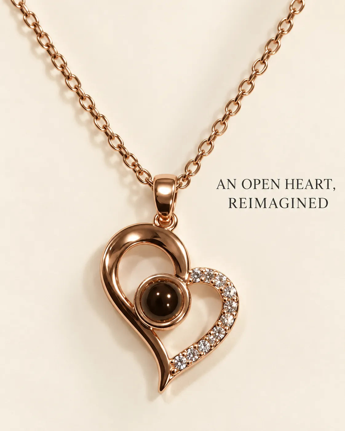 Rose gold open heart necklace with An Open Heart, Reimagined text