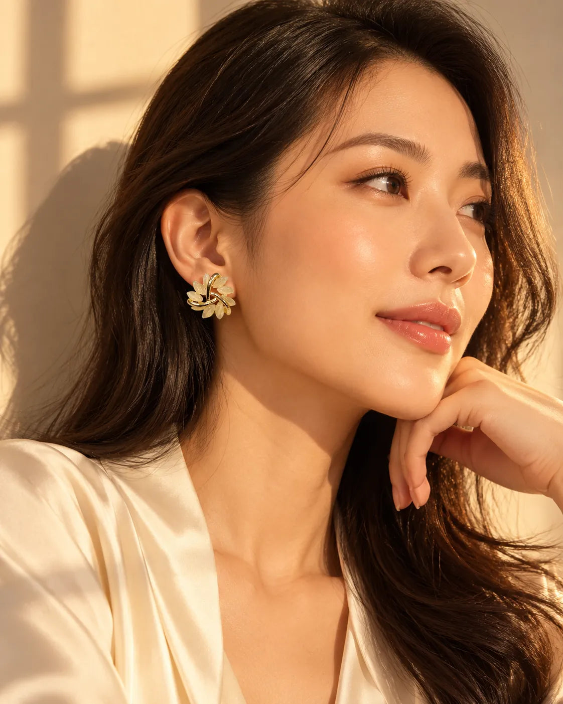 Model in a cream satin top wearing the gold opal flower petal earrings
