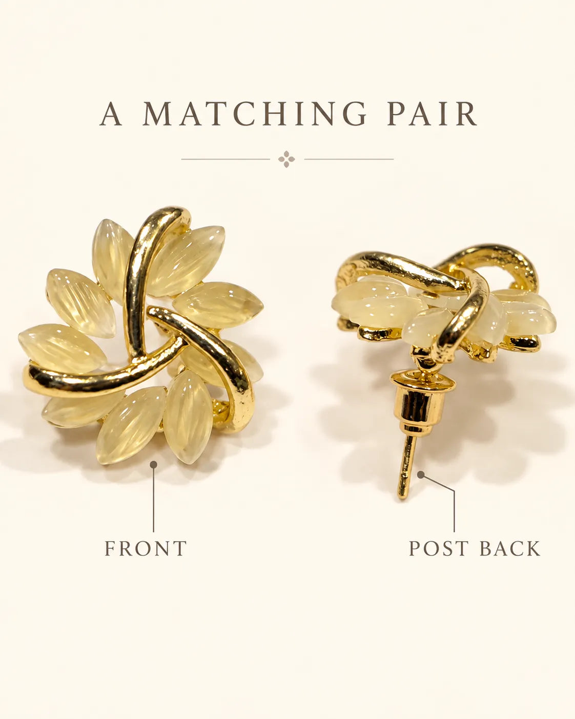 A Matching Pair graphic showing front and post back of the gold opal flower studs