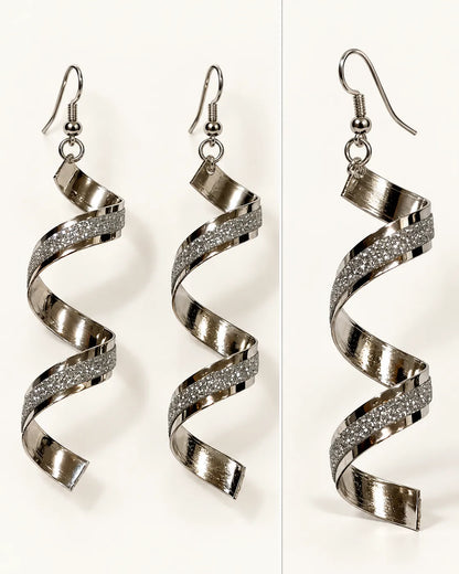 Pair of silver corkscrew spiral earrings on cream showing the frosted stripe