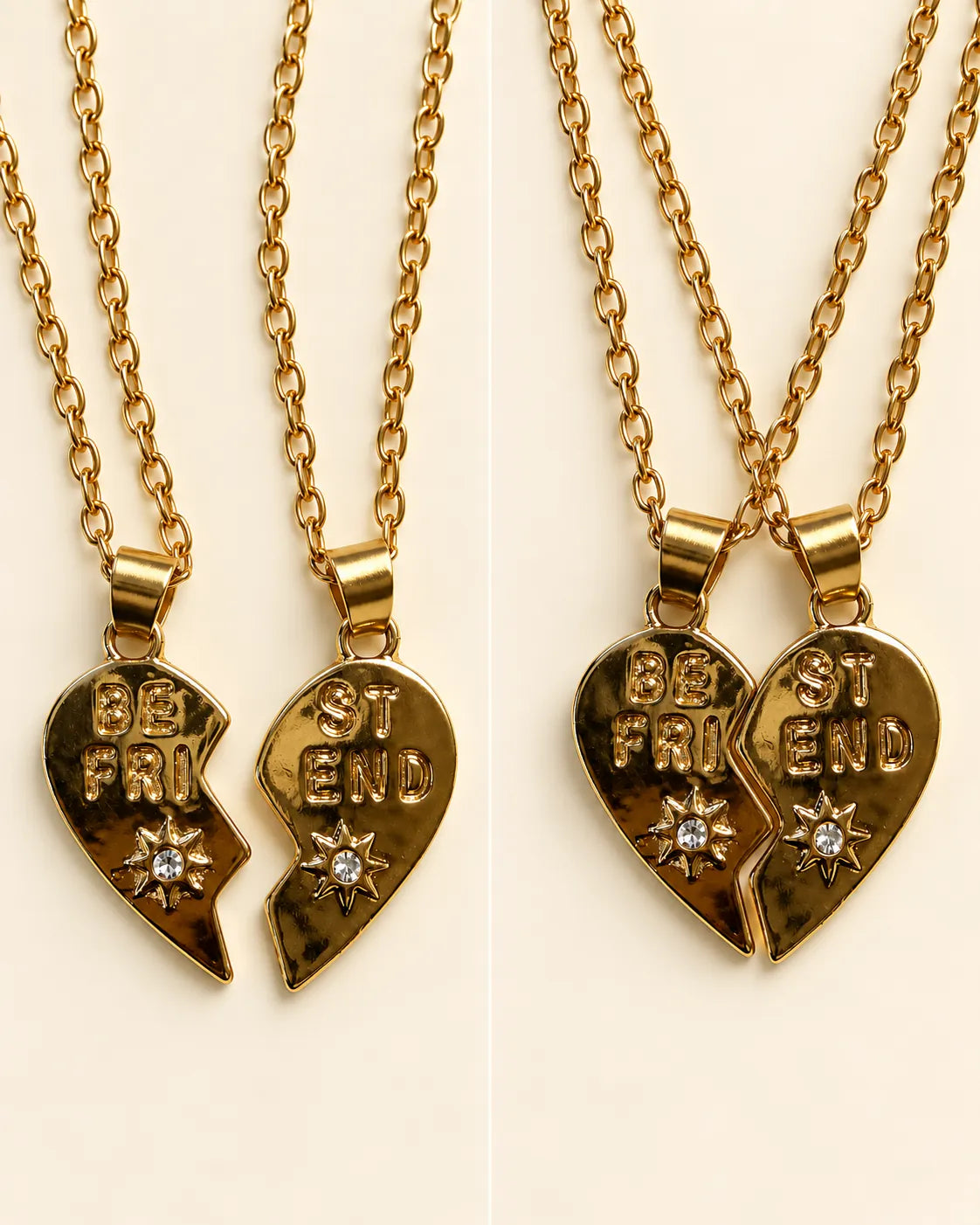 Two sets of gold-tone best friend heart necklaces laid side by side