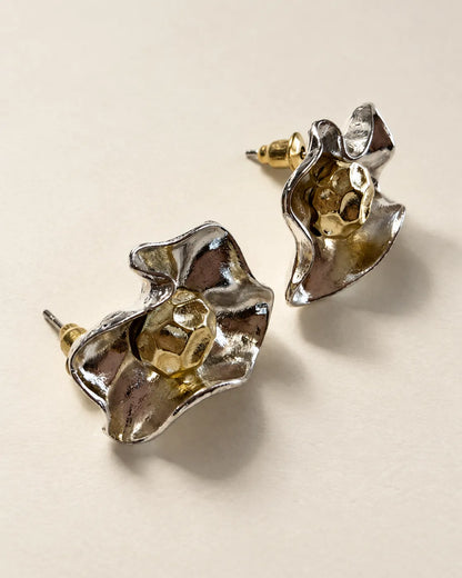 Two-tone sculptural flower stud earrings with silver-tone petals and gold-tone centre