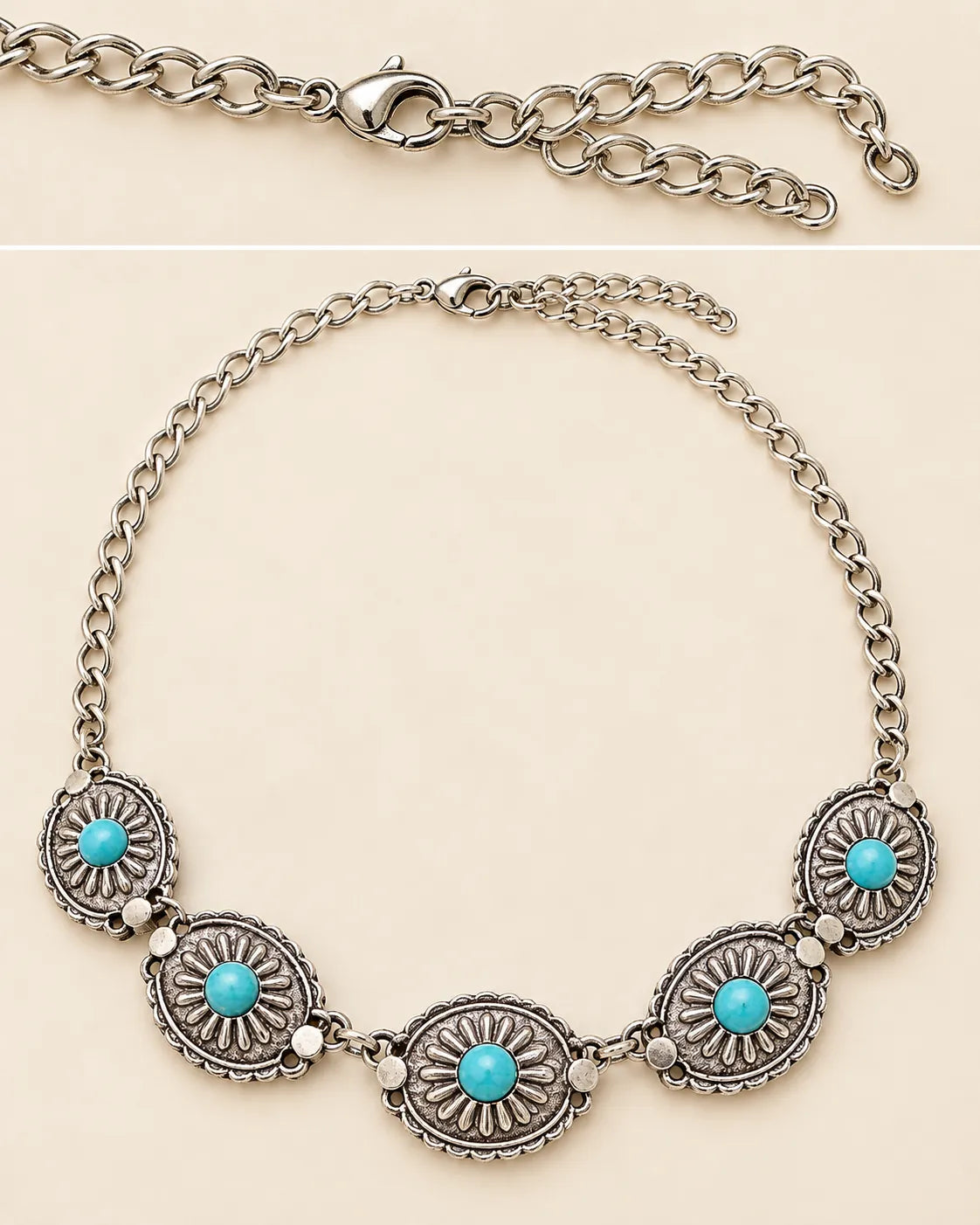 Flat lay of the antique silver turquoise choker showing the extender chain