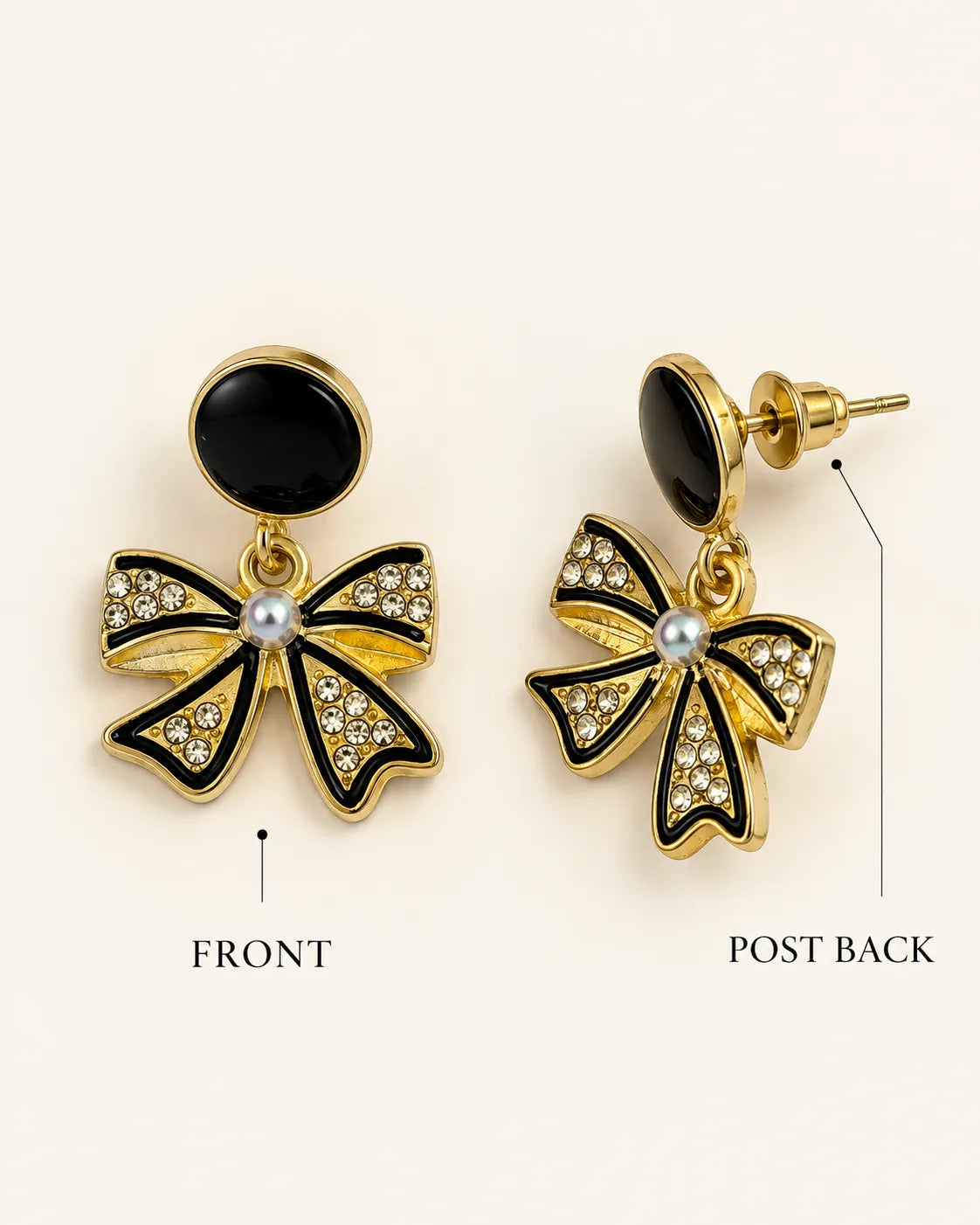 Front and post back views of the black rhinestone bow earrings