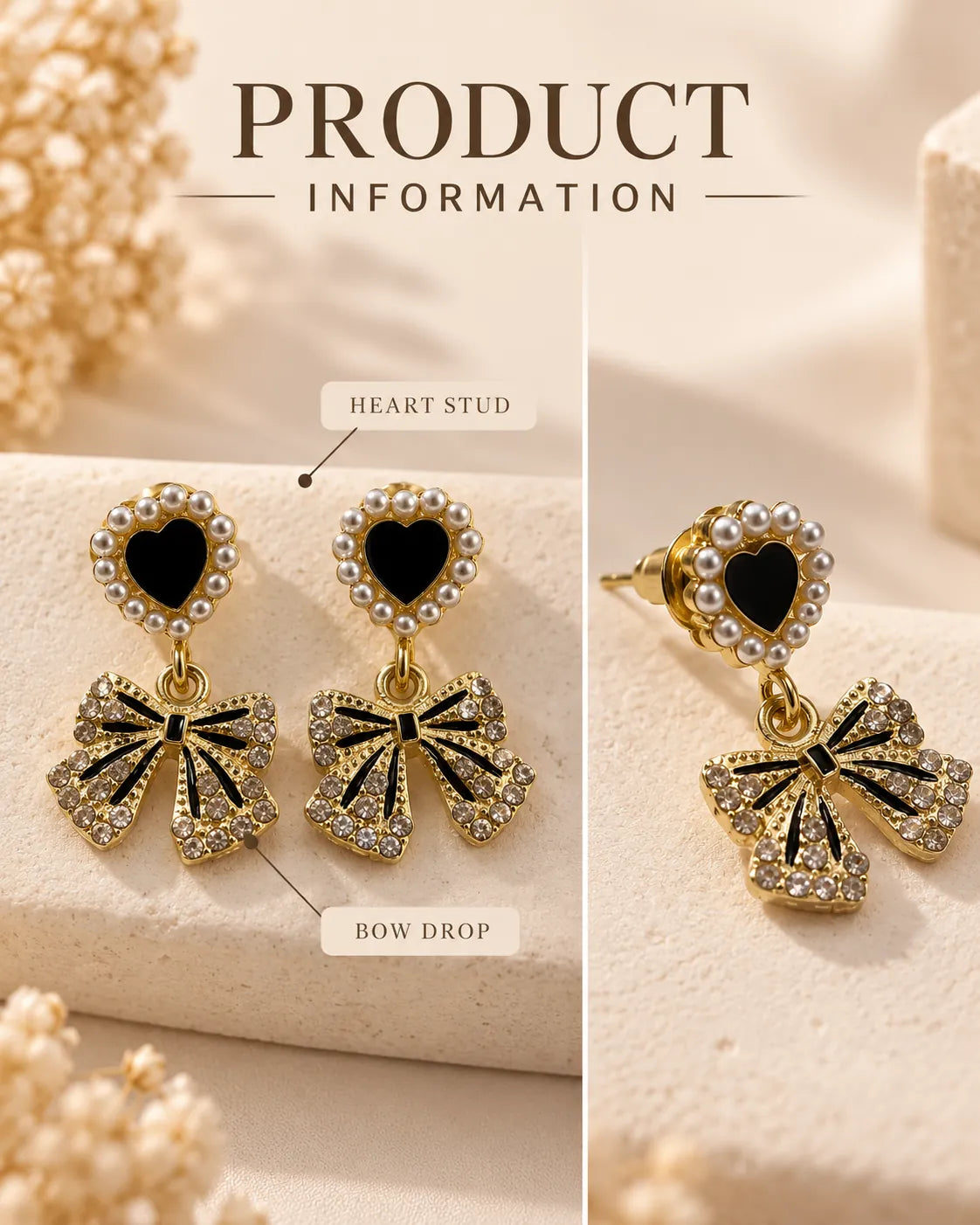 Product information graphic of the black heart stud and rhinestone bow drop