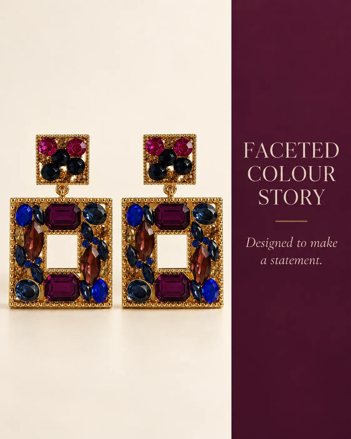 Faceted colour story graphic of the plum crystal square earrings