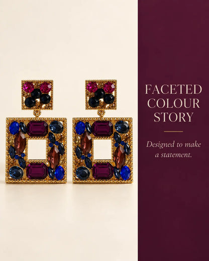 Faceted colour story graphic of the plum crystal square earrings