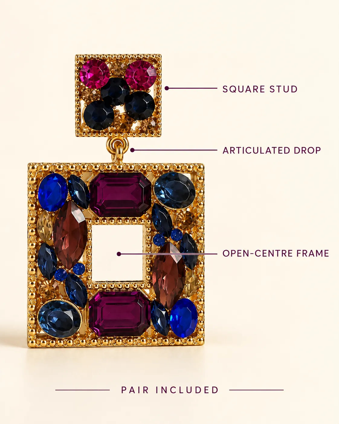 Annotated detail graphic of the square stud, drop and open-centre frame