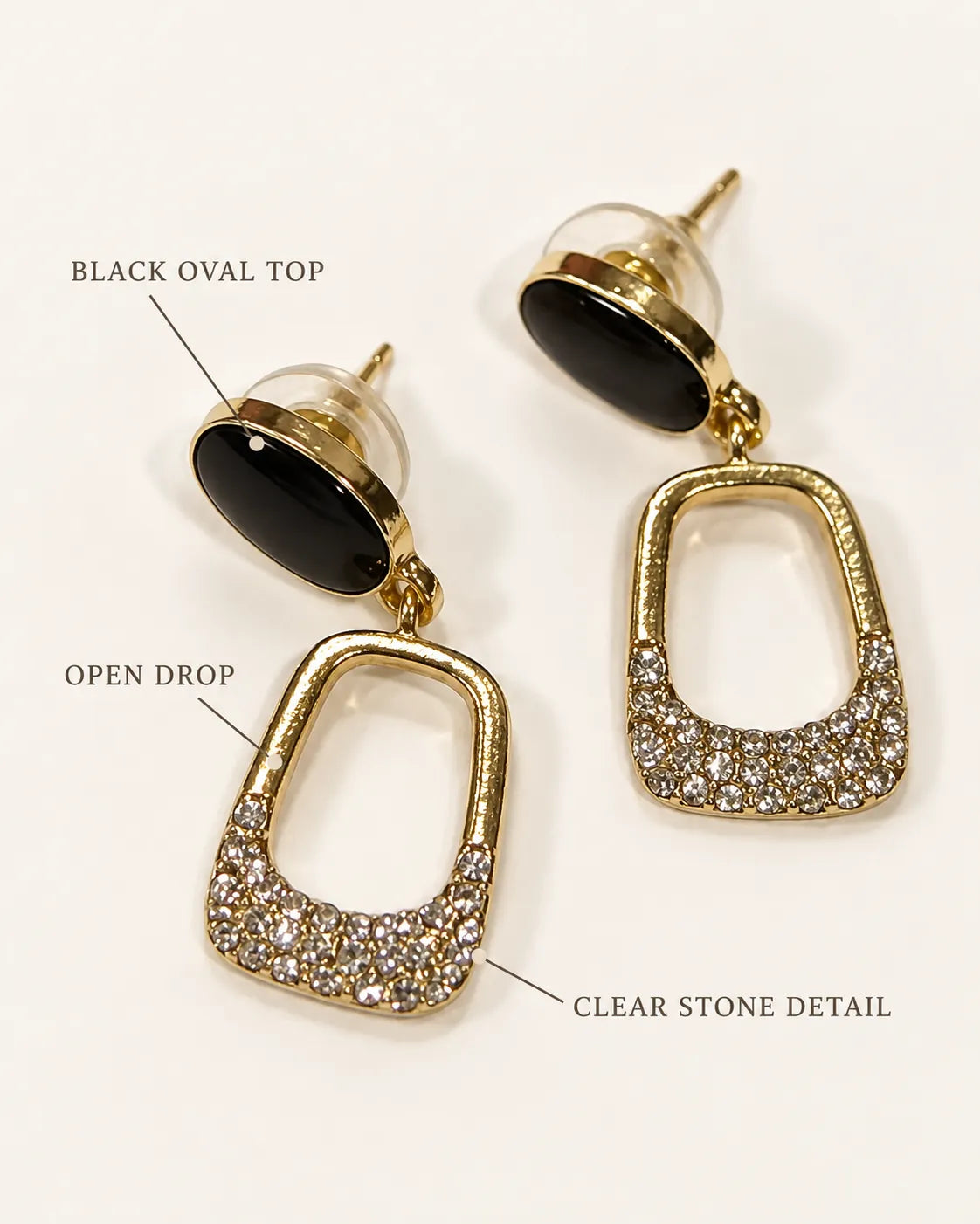 Annotated graphic of the black oval top, open drop and clear stone detail