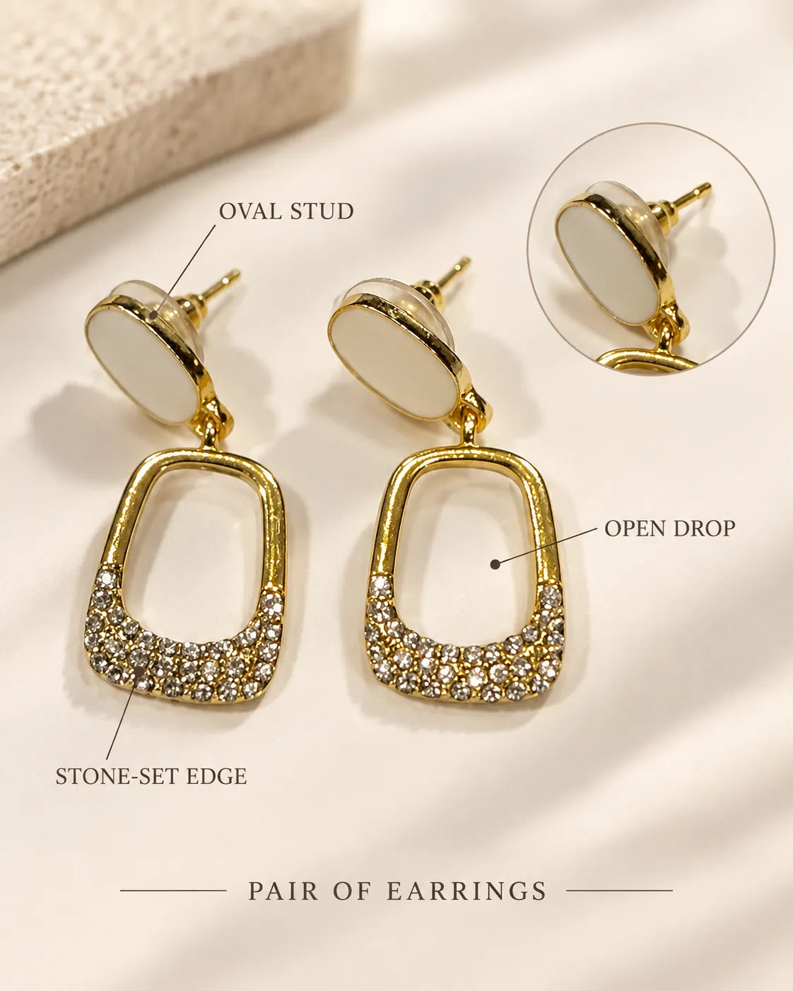 Annotated graphic of the white oval stud, open drop and stone-set edge