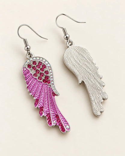 Front and textured silver-tone reverse of the pink angel wing earrings