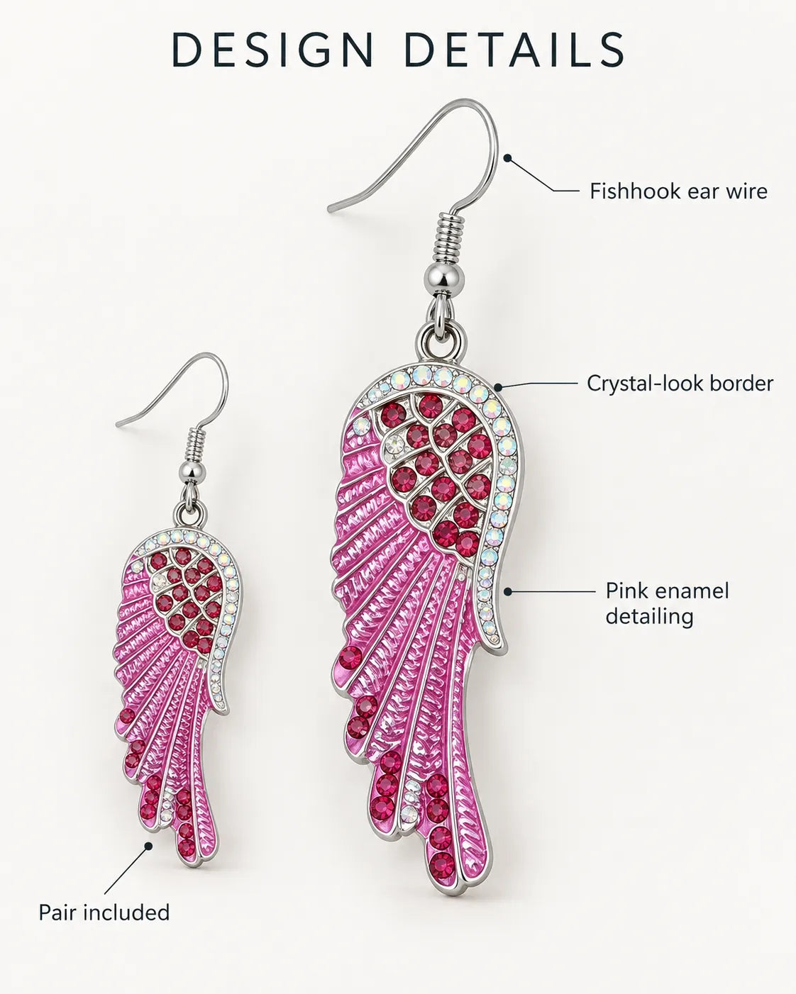 Annotated design details graphic of the pink wing, crystal border and fish-hook