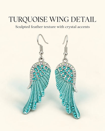 Turquoise wing detail graphic of the blue enamel angel wing earrings