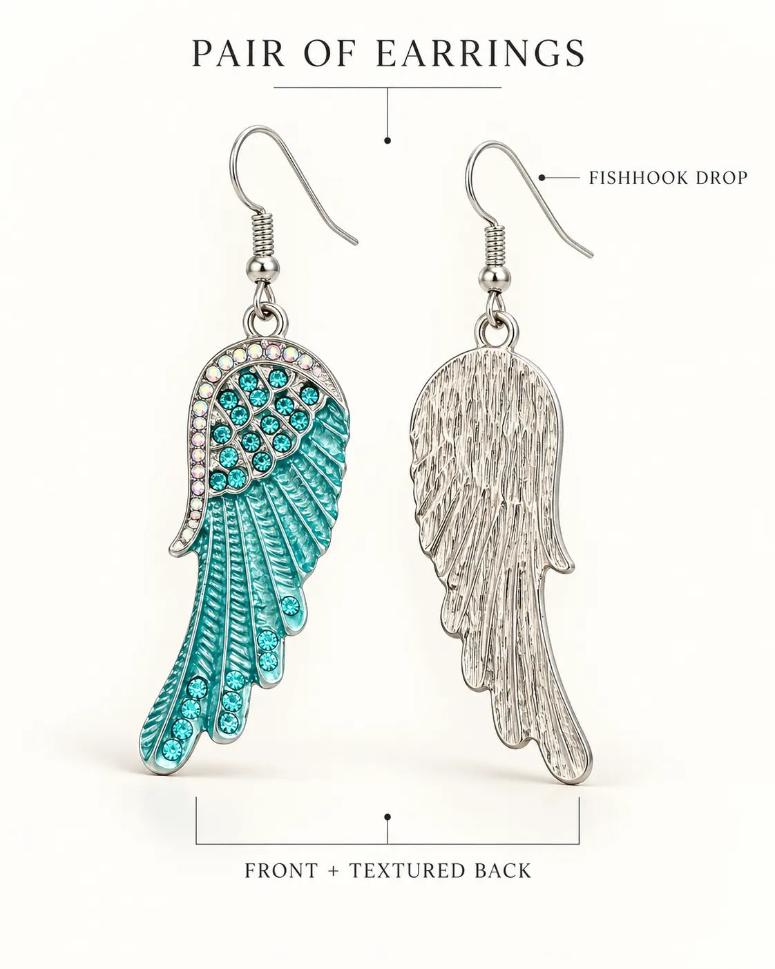 Annotated graphic of the blue wing front, textured back and fish-hook wire