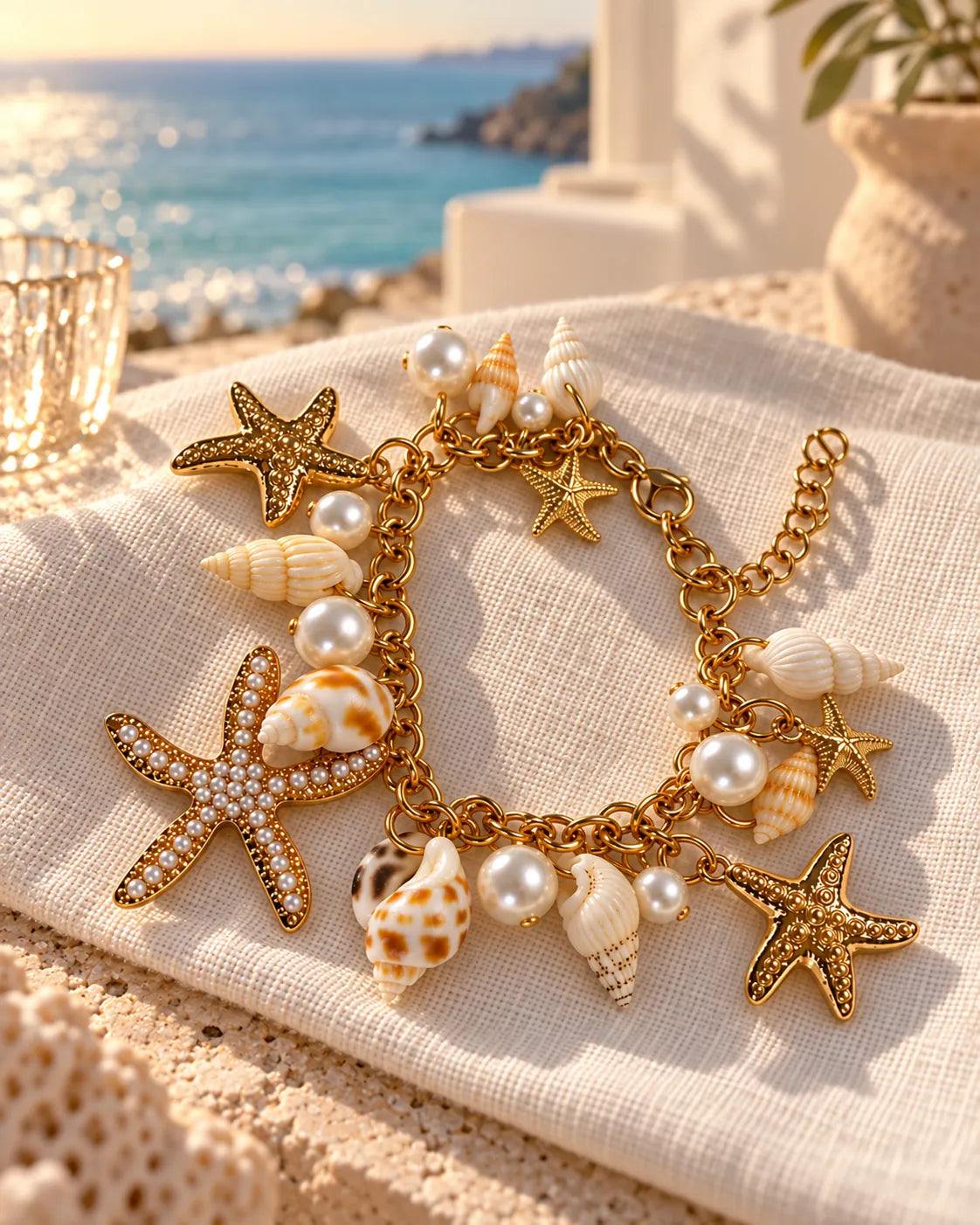 Gold starfish and shell bracelet on fabric with a seaside view