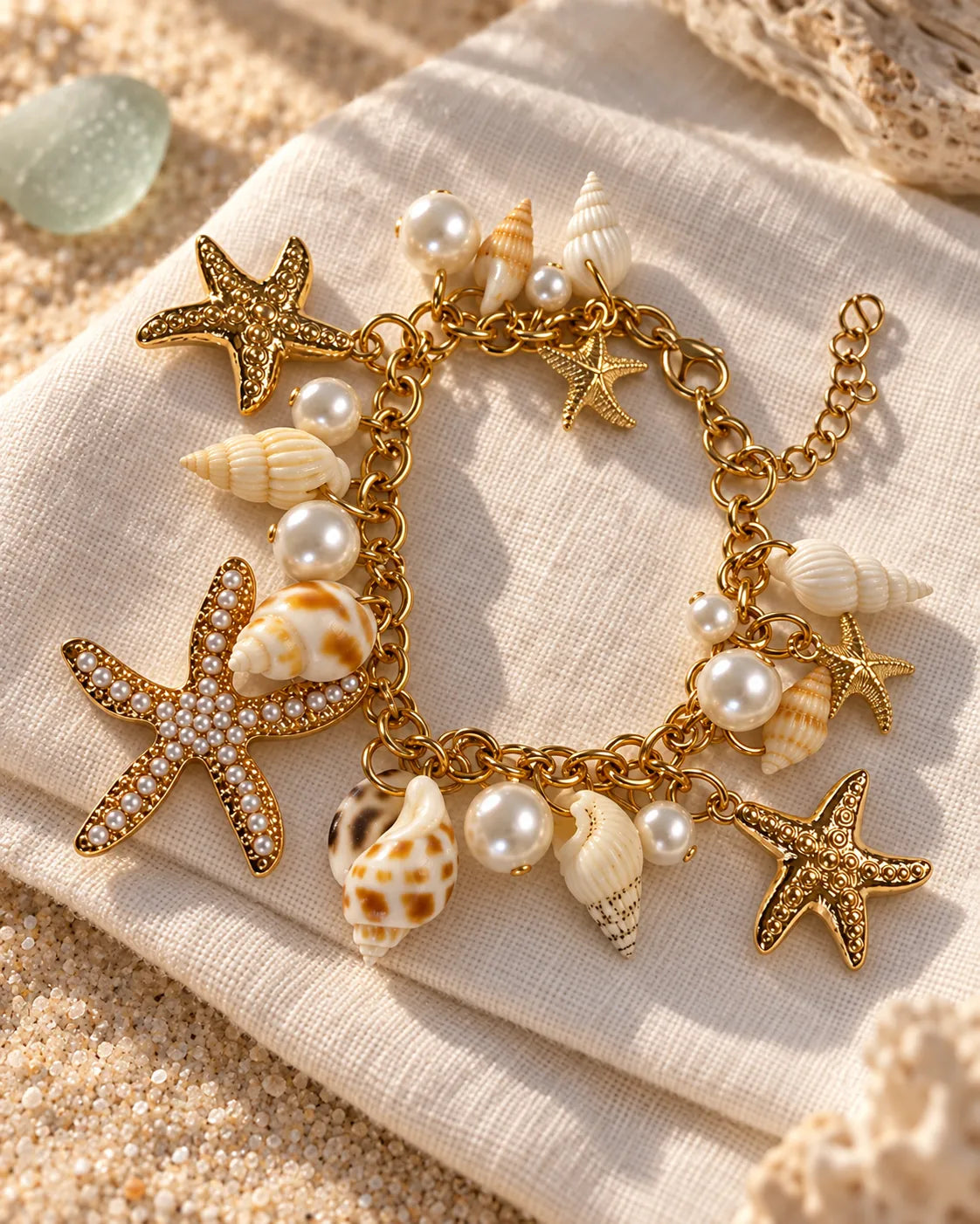 Starfish and shell charm bracelet resting on white linen