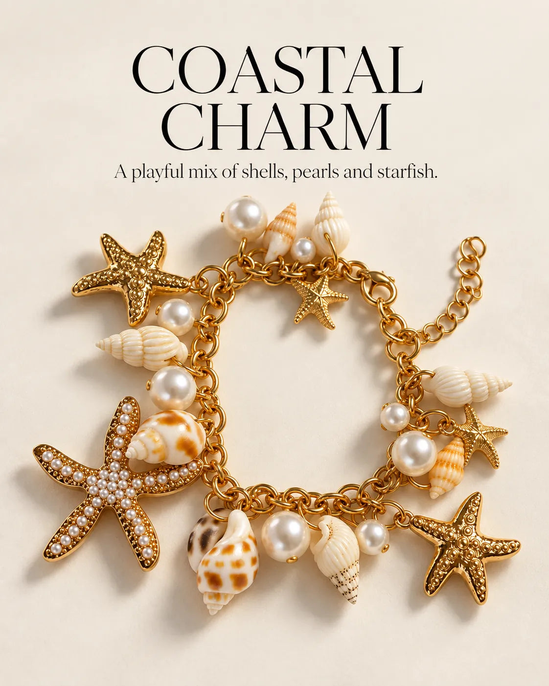 Coastal charm graphic of the gold starfish, shell and pearl-look bracelet