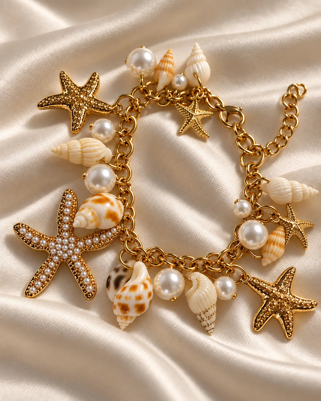 Gold starfish charm bracelet on a sandy textured surface