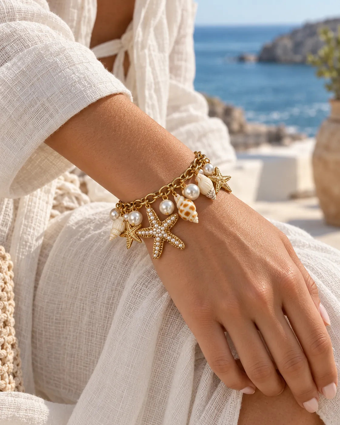 Model in white by the sea wearing the gold starfish bracelet